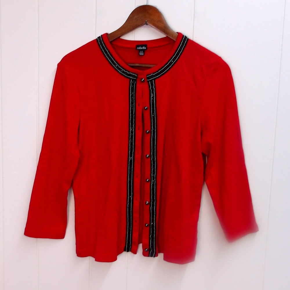 Rafaella Red Crew Neck Short Sleeve Top Black Trim Women's Size L / #1215